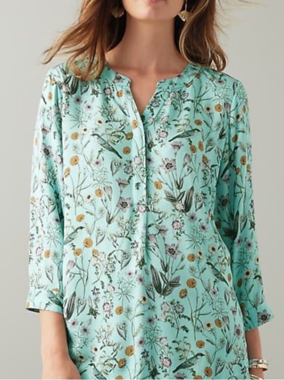 J. Jill Blouse Top Shirt Women Size XL Floral Bird Print 3/4 Sleeve Relaxed
